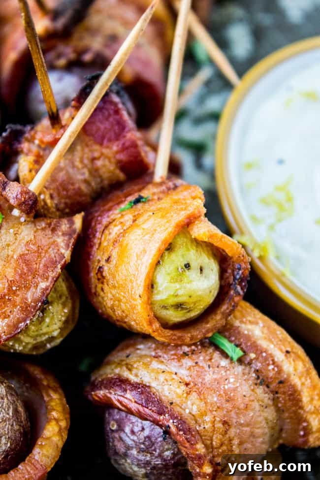 Crispy Bacon Potato Bites 4 Close up of Bacon Wrapped Potato with Lemon Aioli