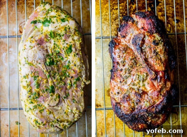 Zesty Cuban Mojo Pork Roast 5 Cuban Mojo marinated pork roast (Lechon Asado) shown before and after roasting to illustrate the cooking transformation.