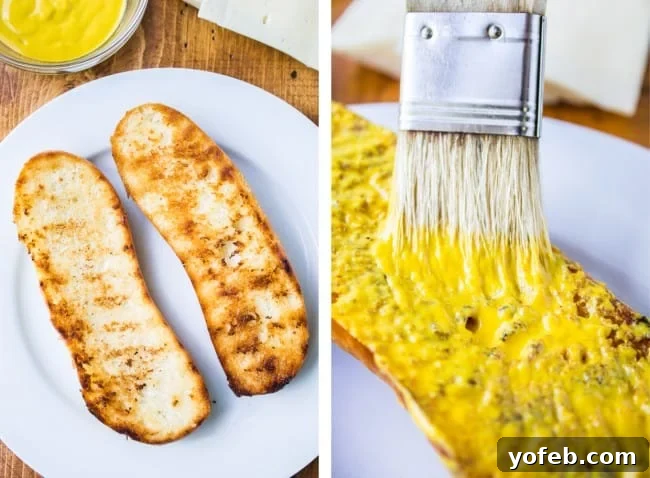 Pressed Perfection: The Ultimate Cubano 5 toasted bread, spreading mustard on toasted bread with a pastry brush.