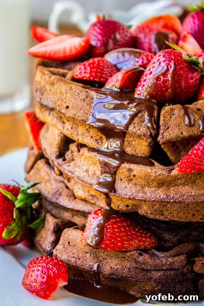 Bittersweet Chocolate Waffles, Ganache-Glazed, with Summer Strawberries 2 Dark Chocolate Waffles with Ganache and Strawberries from The Food Charlatan - A perfect Mother's Day breakfast treat