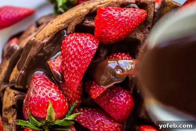 Bittersweet Chocolate Waffles, Ganache-Glazed, with Summer Strawberries 3 Close-up of fluffy Dark Chocolate Waffles with a hint of melty chocolate chunks