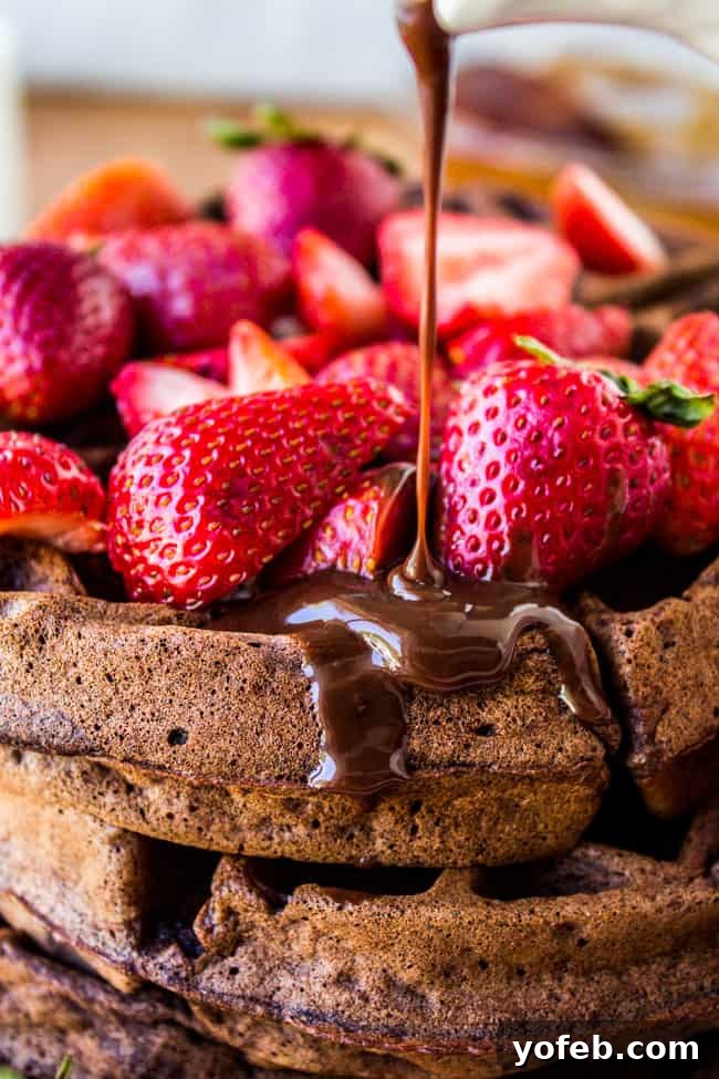 Bittersweet Chocolate Waffles, Ganache-Glazed, with Summer Strawberries 8 Dark Chocolate Waffles with Ganache and Strawberries from The Food Charlatan