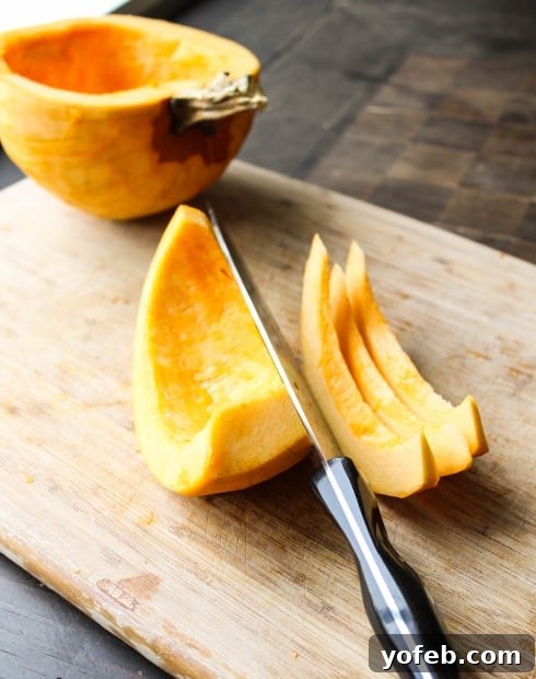 Cutting pumpkin into strips