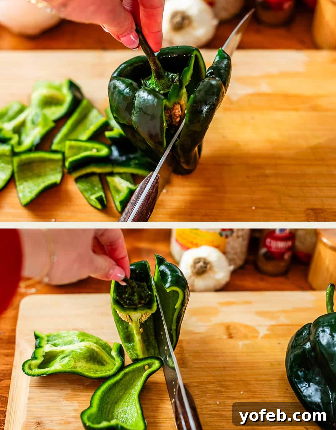 Vibrant Green Chicken Pozole in Minutes 12 Two images show hands slicing a green poblano pepper on a wooden cutting board. The top image shows slices being made around the stem, and the bottom image shows cutting down the side of the pepper.