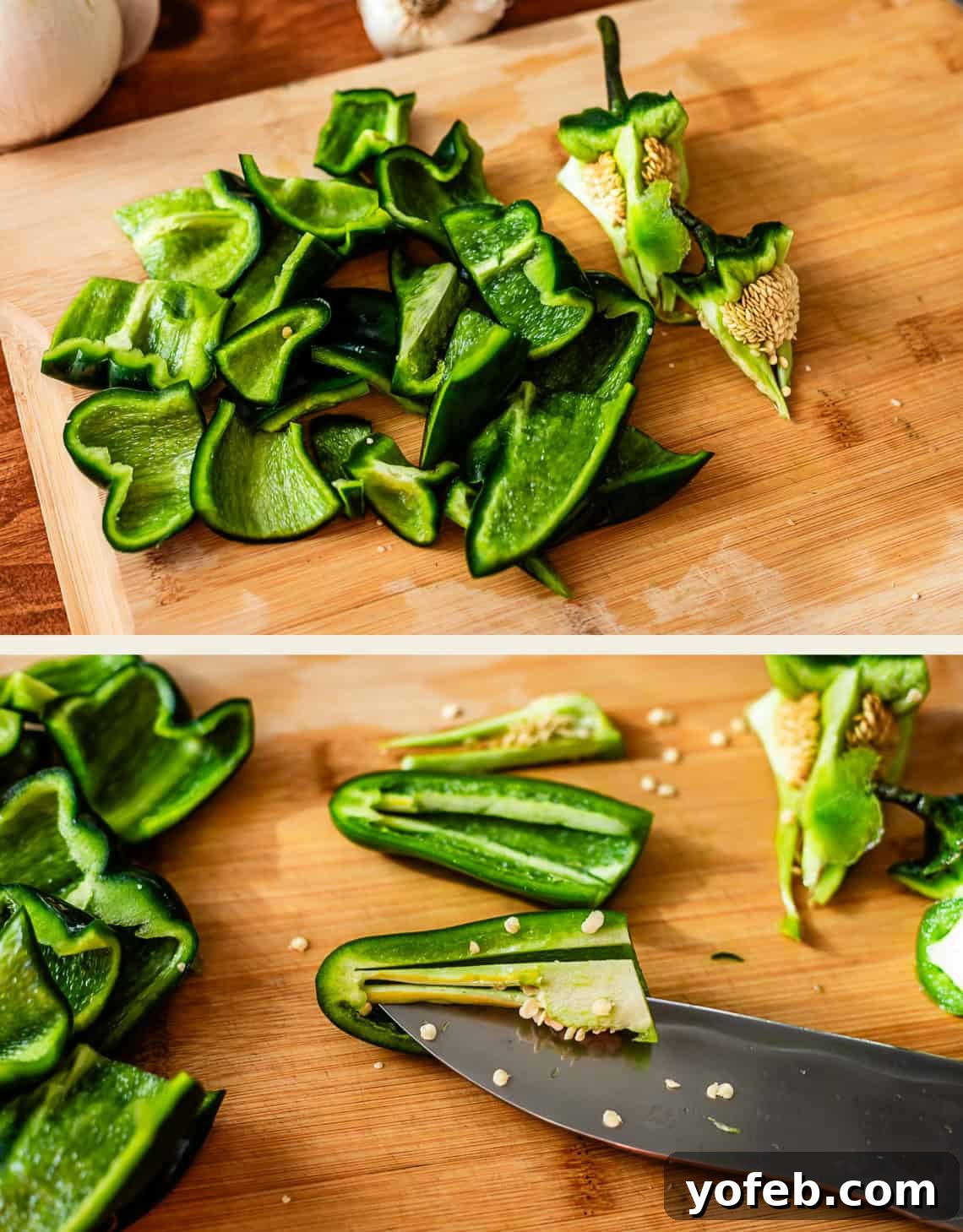 Vibrant Green Chicken Pozole in Minutes 13 Two images: Sliced green poblano peppers on a wooden cutting board, with seeds and pepper cores set aside. A close-up shows a knife removing seeds from a pepper slice.