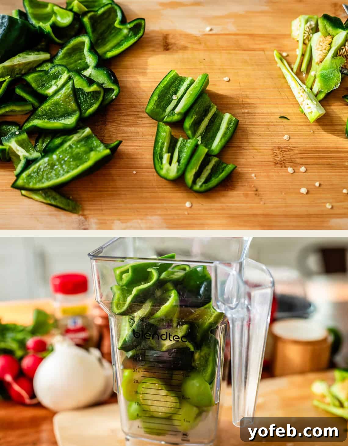 Vibrant Green Chicken Pozole in Minutes 14 A split image shows chopped green peppers on a cutting board in the top half and the peppers placed inside a blender jar with other vegetables in the background in the bottom half.