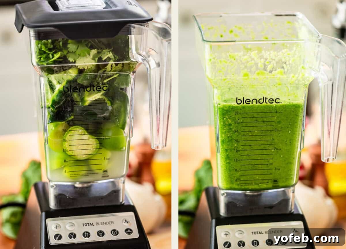 Vibrant Green Chicken Pozole in Minutes 15 A side-by-side view shows a blender with whole green ingredients on the left and the same blender with the ingredients blended into a smooth green mixture on the right.
