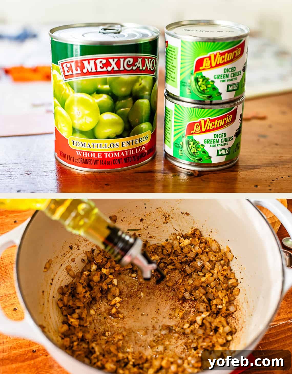 Vibrant Green Chicken Pozole in Minutes 16 A can of whole tomatillos and two cans of diced green chiles sit on a wooden surface; below, olive oil is being poured into a pot with sautéed onions or garlic.