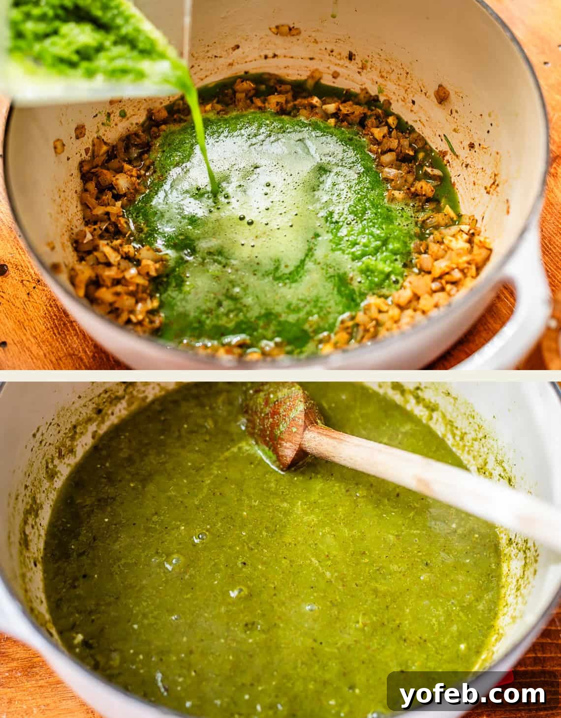Vibrant Green Chicken Pozole in Minutes 17 Two images: the top shows green liquid being poured into a pot with sautéed onions and garlic; the bottom shows the contents mixed into a thick green sauce being stirred with a wooden spoon.