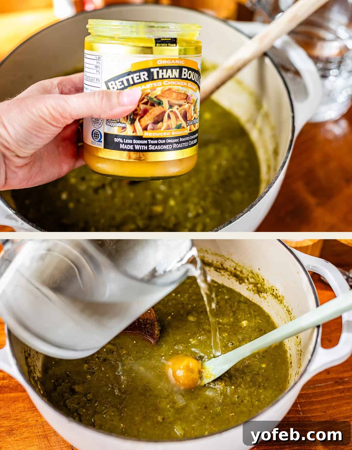 Vibrant Green Chicken Pozole in Minutes 18 A hand holds a jar of Better Than Bouillon chicken base over a pot of green soup. In the next image, water is being poured into the pot with a spoon and a dollop of bouillon base visible in the soup.
