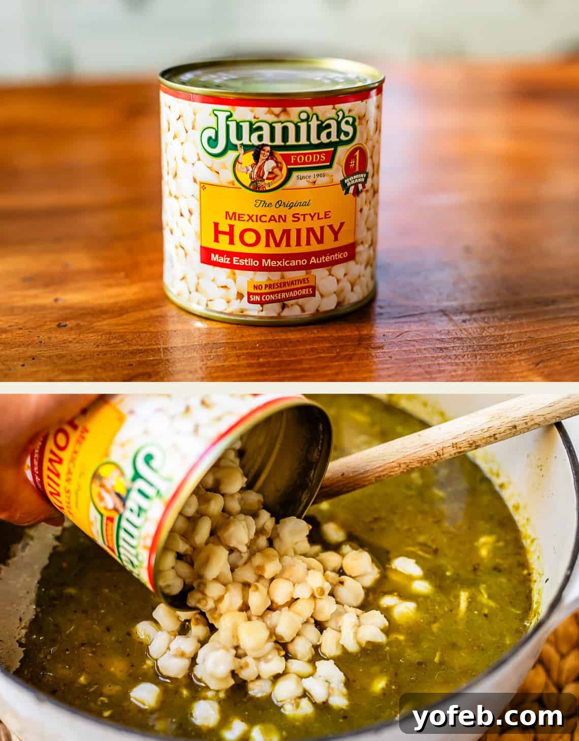 Vibrant Green Chicken Pozole in Minutes 19 A can of Juanitas Mexican Style Hominy is shown; in the next image, hominy is being poured from the can into a pot of green soup with a wooden spoon inside.