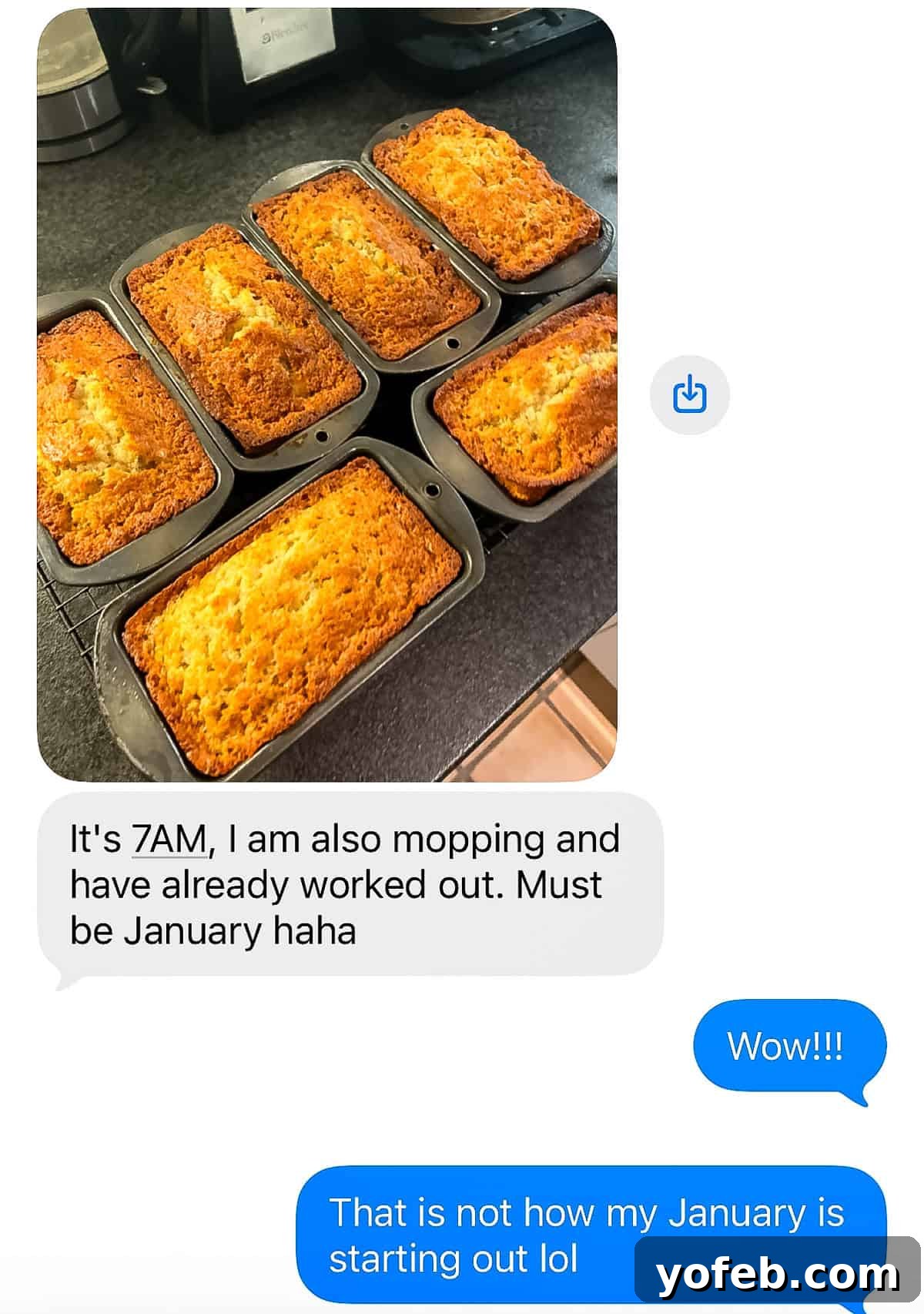 Vibrant Green Chicken Pozole in Minutes 3 Six freshly baked loaves of bread in pans on a kitchen counter, shown in a text exchange where one person mentions baking, mopping, working out early.