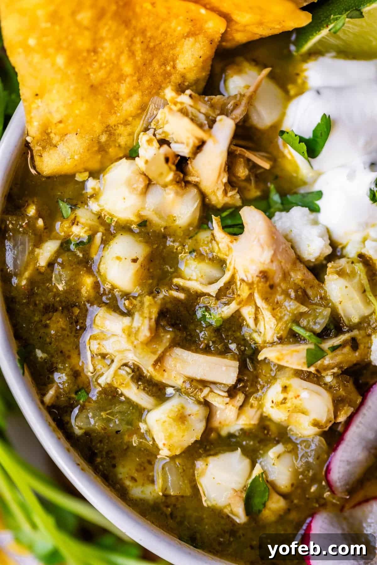 Vibrant Green Chicken Pozole in Minutes 23 hero?? A close-up of a bowl of green chicken pozole, featuring shredded chicken, hominy, tortilla chips, fresh cilantro, sour cream, a lime wedge, and sliced radish. The soup has a rich green broth.