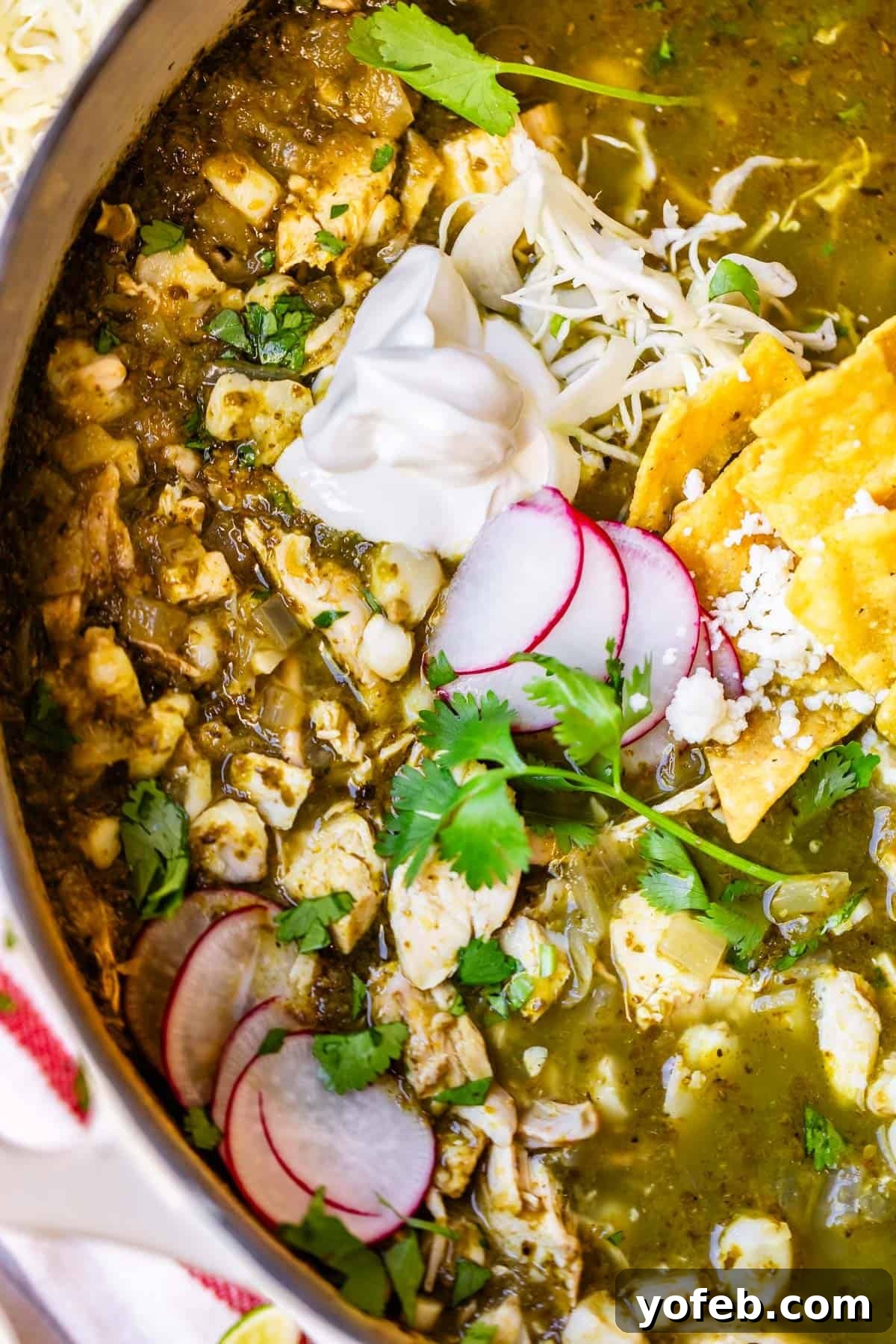 Vibrant Green Chicken Pozole in Minutes 24 A close-up of a bowl of green pozole topped with sliced radishes, shredded cabbage, tortilla chips, fresh cilantro, a dollop of sour cream, and crumbled cheese. The soup contains hominy and chunks of chicken.