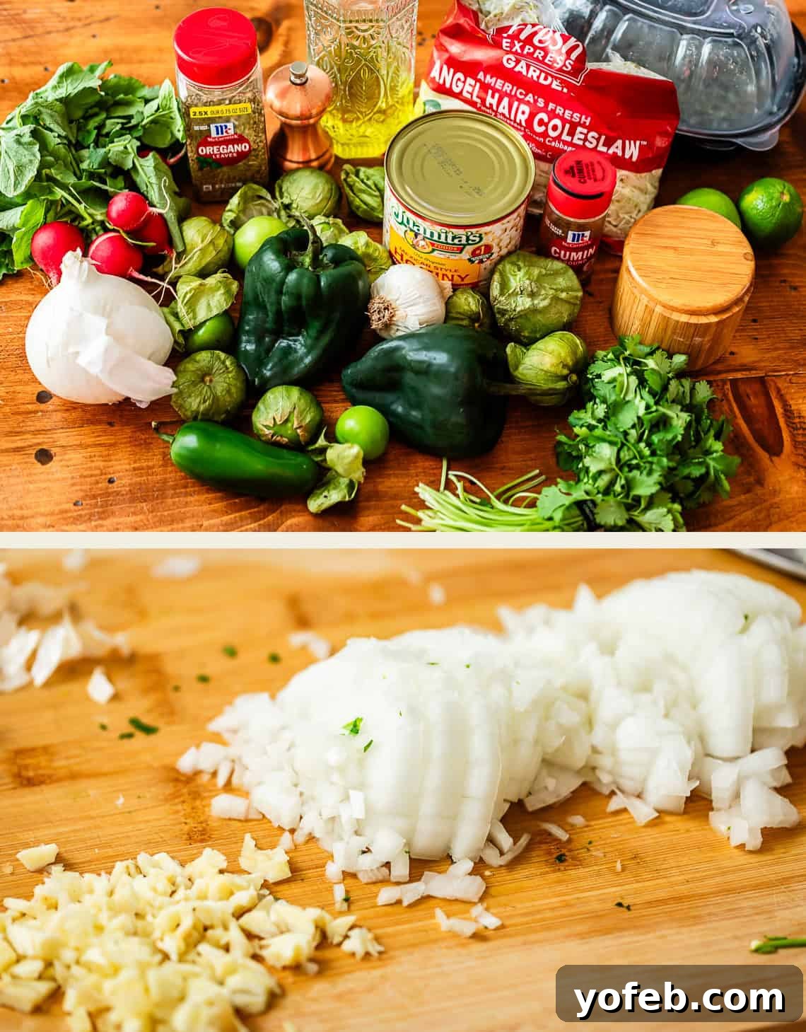 Vibrant Green Chicken Pozole in Minutes 7 A wooden table displays fresh vegetables, canned goods, spices, and seasonings. Below, chopped onions and garlic are on a cutting board, ready for cooking.