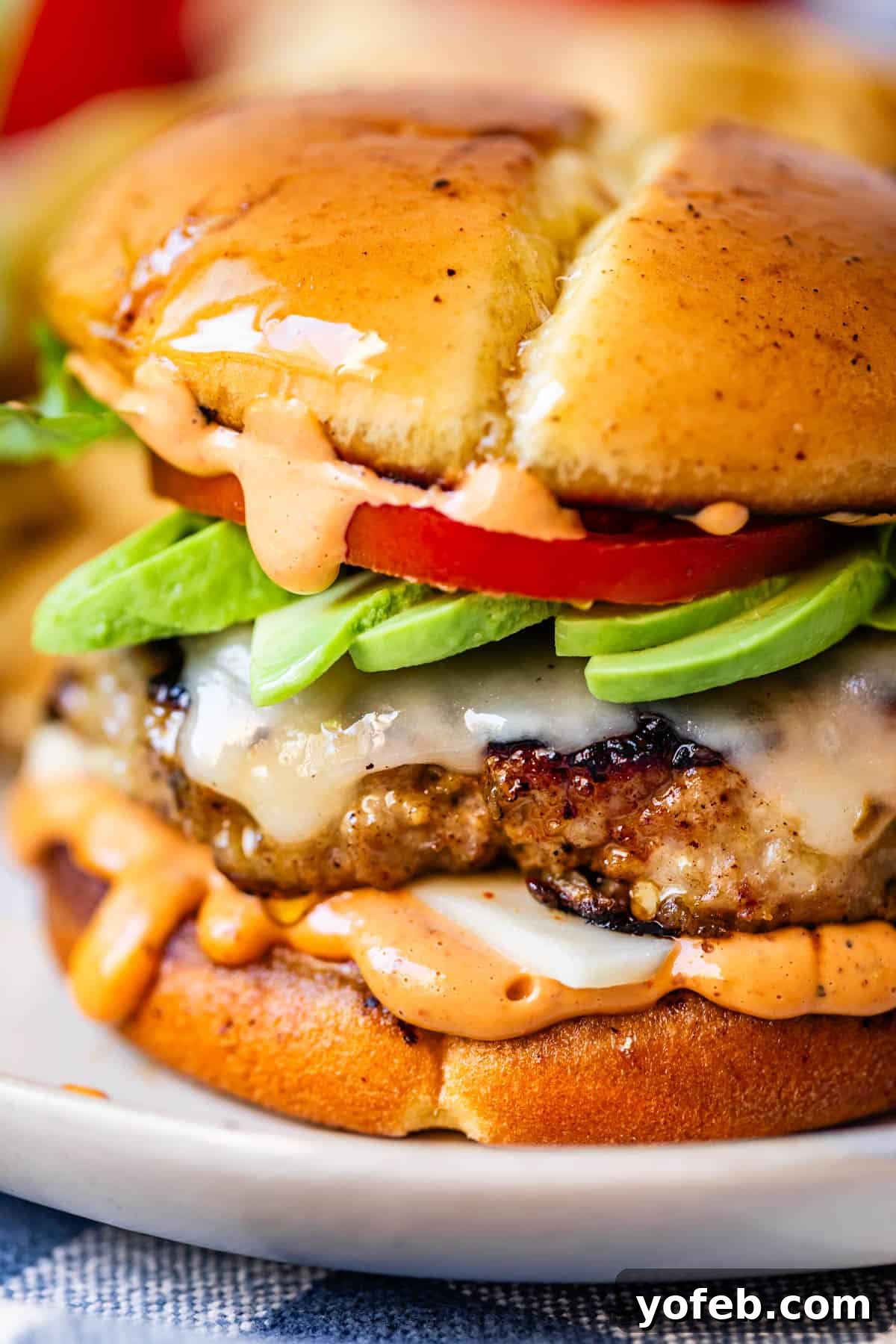 A close-up of a juicy cheeseburger with melted cheese, sliced avocado, tomato, lettuce, and a creamy orange sauce, all inside a glossy toasted bun. This image serves as the main visual for the recipe.