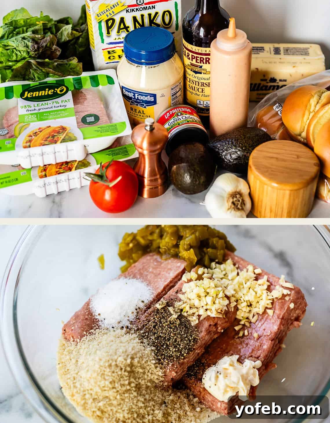 Game-Changing Turkey Burgers 6 A beautifully composed split image: The top half displays a vibrant array of fresh ingredients meticulously arranged on a kitchen counter, including ground turkey, crisp lettuce, ripe tomatoes, creamy avocado, cheese slices, onions, panko bread crumbs, various sauces, and spices. The bottom half showcases a mixing bowl containing the foundational ground turkey mixture, seasoned with mayonnaise, breadcrumbs, aromatic spices, fragrant minced garlic, and chopped green chilies, perfectly prepped for blending. This visual clearly illustrates both the raw components and the initial assembly stage.
