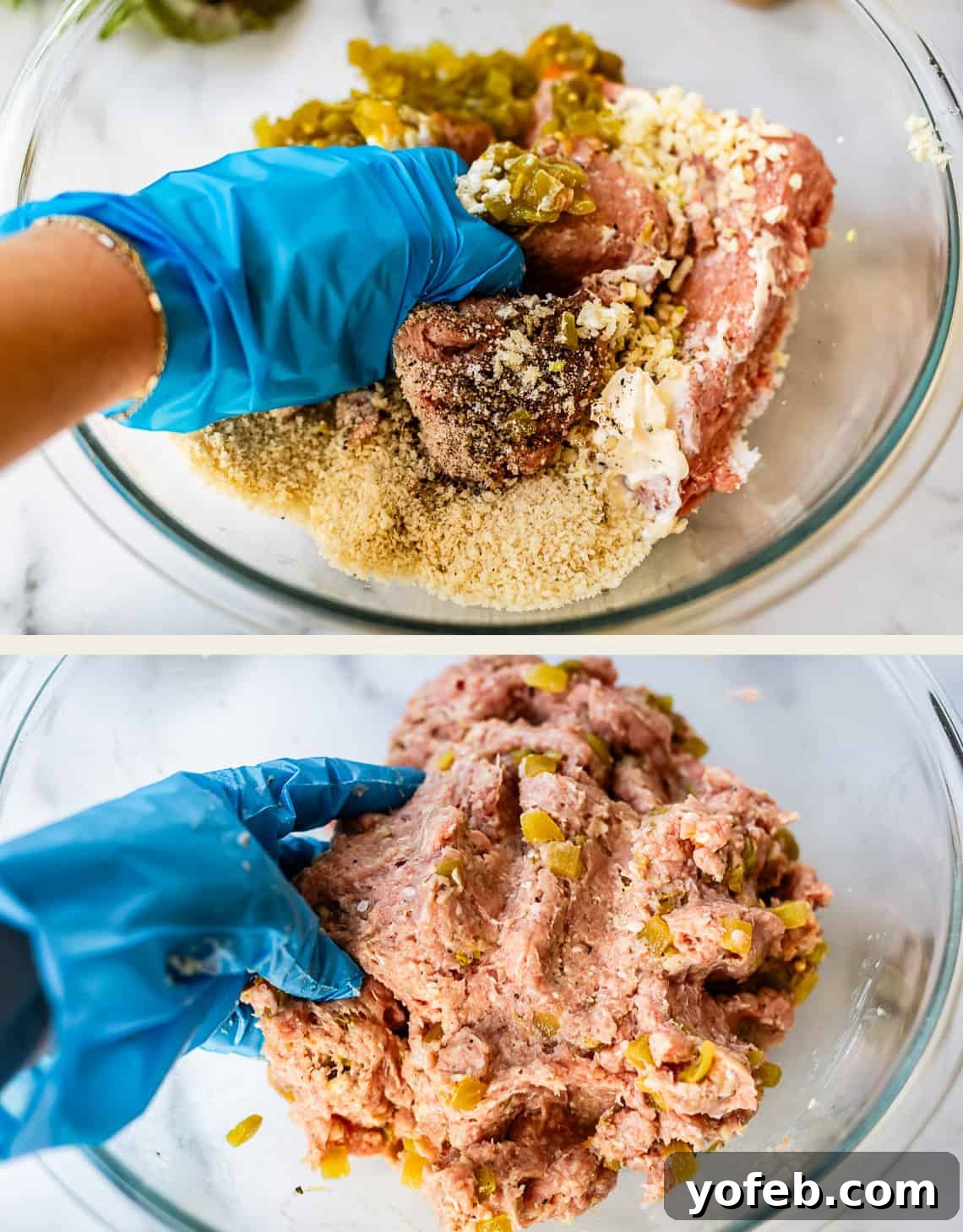 Game-Changing Turkey Burgers 7 A compelling collage of images featuring hands, covered in disposable gloves, expertly mixing ground meat and other flavorful ingredients together in a spacious bowl. This visual clearly illustrates the recommended hands-on mixing technique, emphasizing thorough yet gentle incorporation.