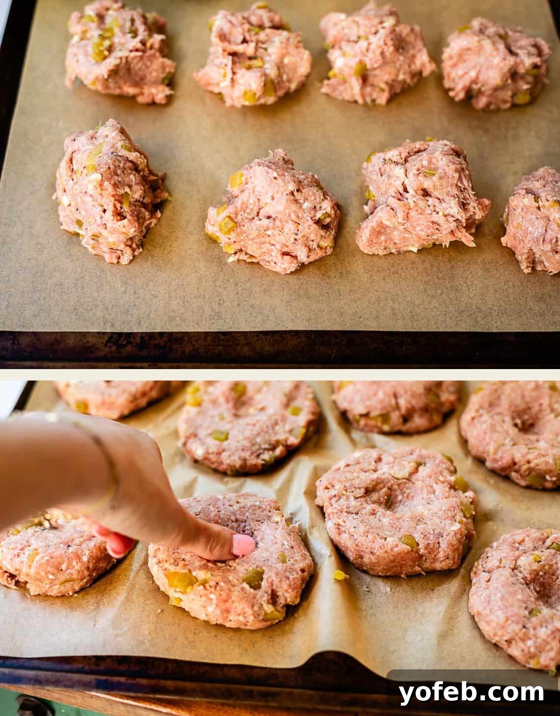 Game-Changing Turkey Burgers 8 A detailed two-part image: The first shows raw meat mixture portions neatly arranged on a baking sheet lined with parchment paper, preparing for shaping. In the second, a hand deliberately presses a thumb into the precise center of one of these portions, creating a distinct indentation. This clearly illustrates a crucial culinary trick for ensuring even burger cooking and shape retention.