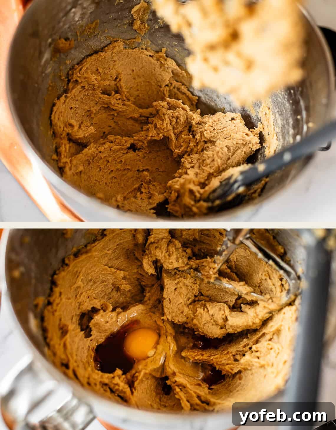 Chewy Chocolate Chip Squares 11 Two images show a mixing bowl. The first image has brown cookie dough being mixed. In the second, an egg and vanilla extract have been added to the dough but not yet mixed in. A stand mixer paddle is partially visible.