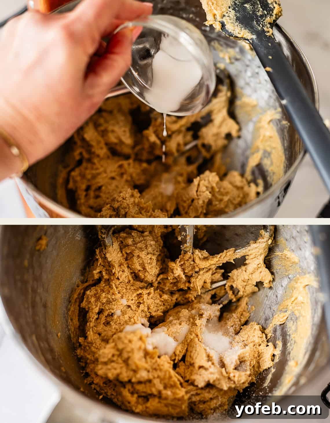 Chewy Chocolate Chip Squares 12 A hand pours liquid from a small glass bowl into a mixing bowl with brown dough. In the second image, white granulated sugar is added to the dough, which is being mixed with an electric mixer.
