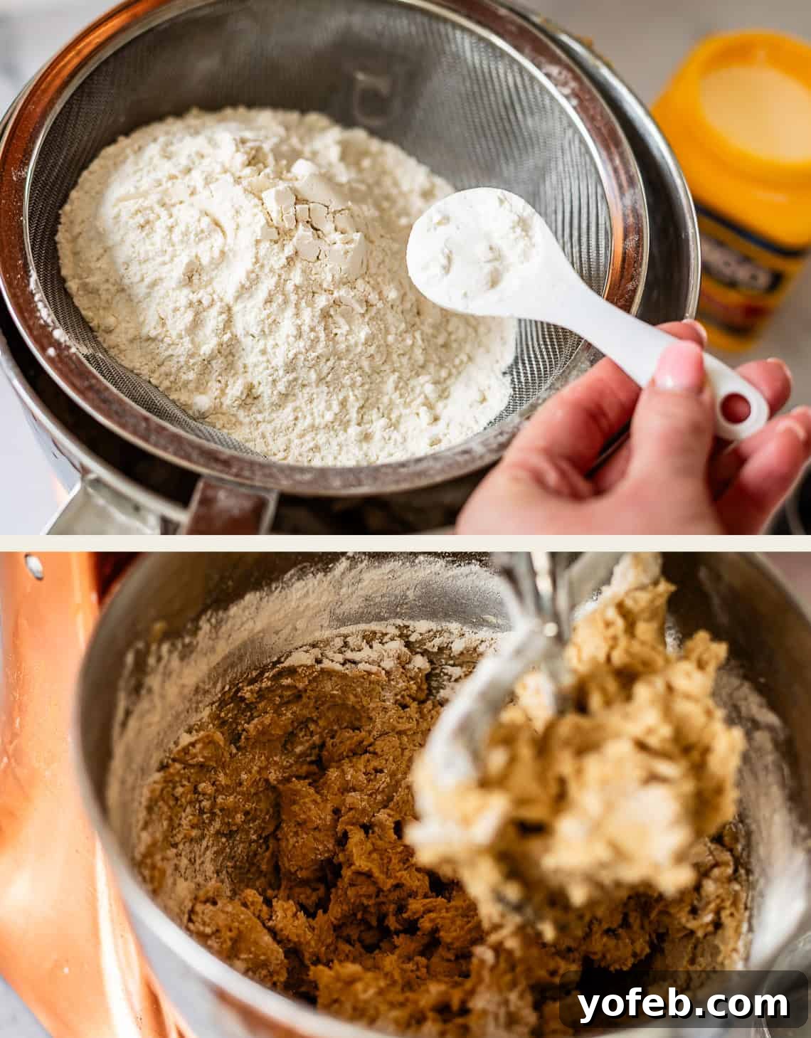 Chewy Chocolate Chip Squares 13 Top: A hand holds a white spoon over a sifter containing flour. Bottom: Thick brown cookie dough mixes in a stand mixer bowl with a paddle attachment.