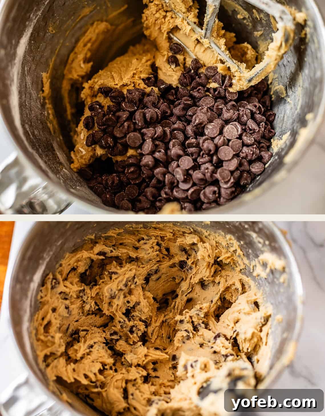 Chewy Chocolate Chip Squares 14 Two images show a metal mixing bowl with cookie dough. The top image features chocolate chips added to the dough, while the bottom image shows the dough fully mixed with the chocolate chips evenly incorporated.