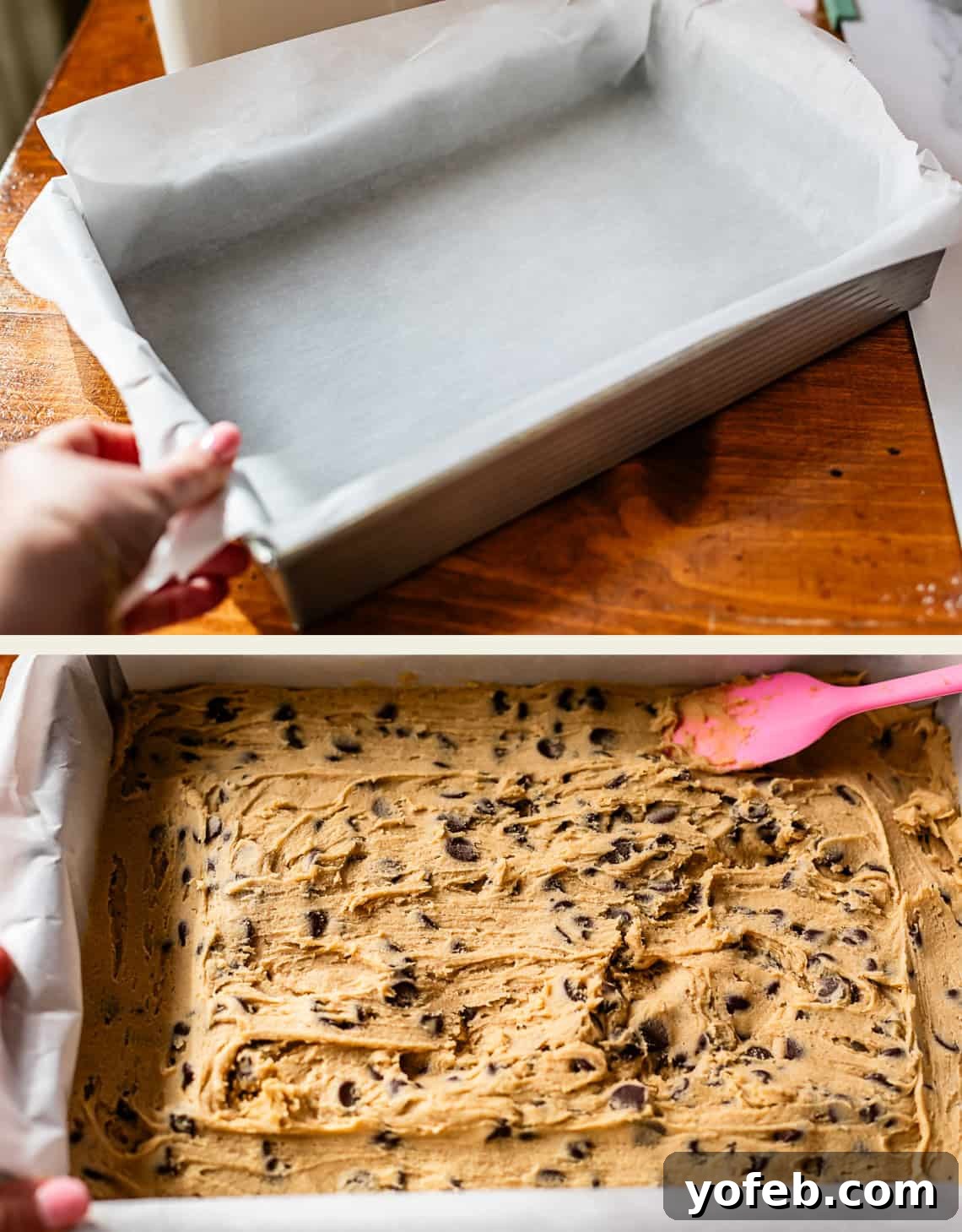 Chewy Chocolate Chip Squares 15 Two images: The top shows a hand lining a rectangular baking pan with parchment paper. The bottom shows cookie dough with chocolate chips spread evenly in the lined pan with a pink spatula.