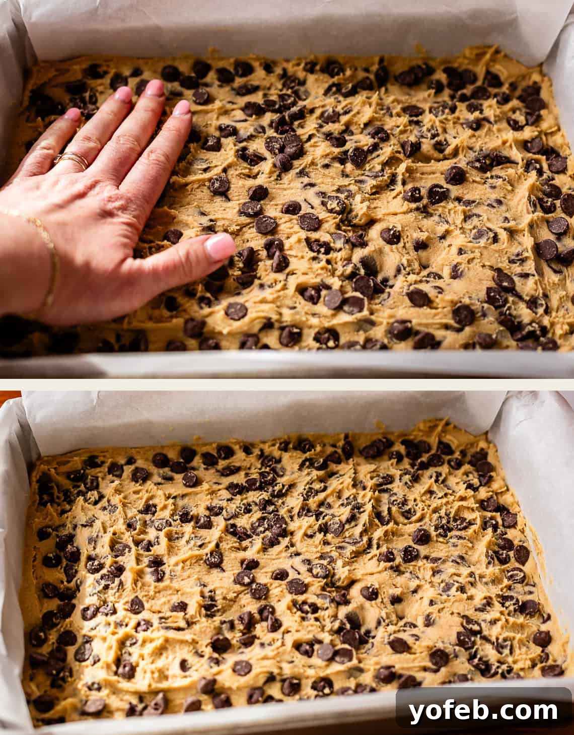 Chewy Chocolate Chip Squares 16 Two images: The top shows a hand pressing chocolate chip cookie dough into a parchment-lined baking pan. The bottom shows the dough evenly spread and ready for baking, with chocolate chips visible on top.