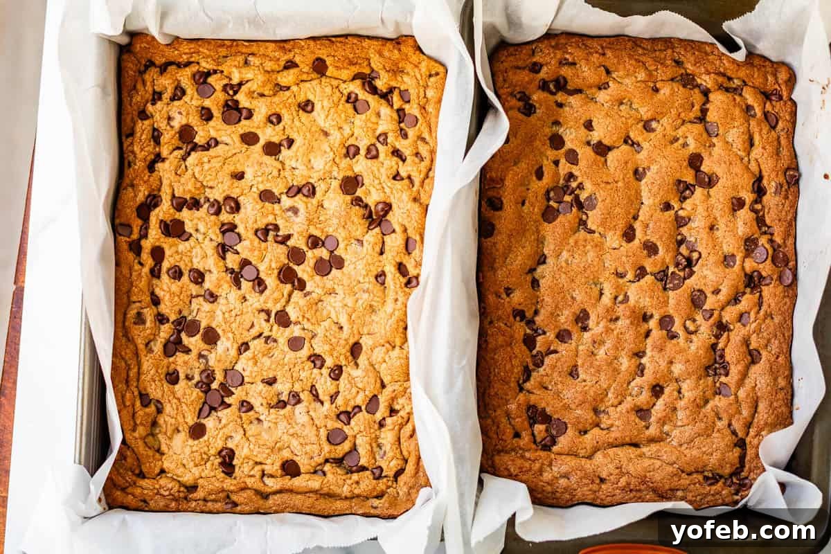Chewy Chocolate Chip Squares 6 Two rectangular pans lined with parchment paper, each filled with golden-brown chocolate chip cookie bars, cooling and ready to be cut. Chocolate chips are scattered on top of the bars.