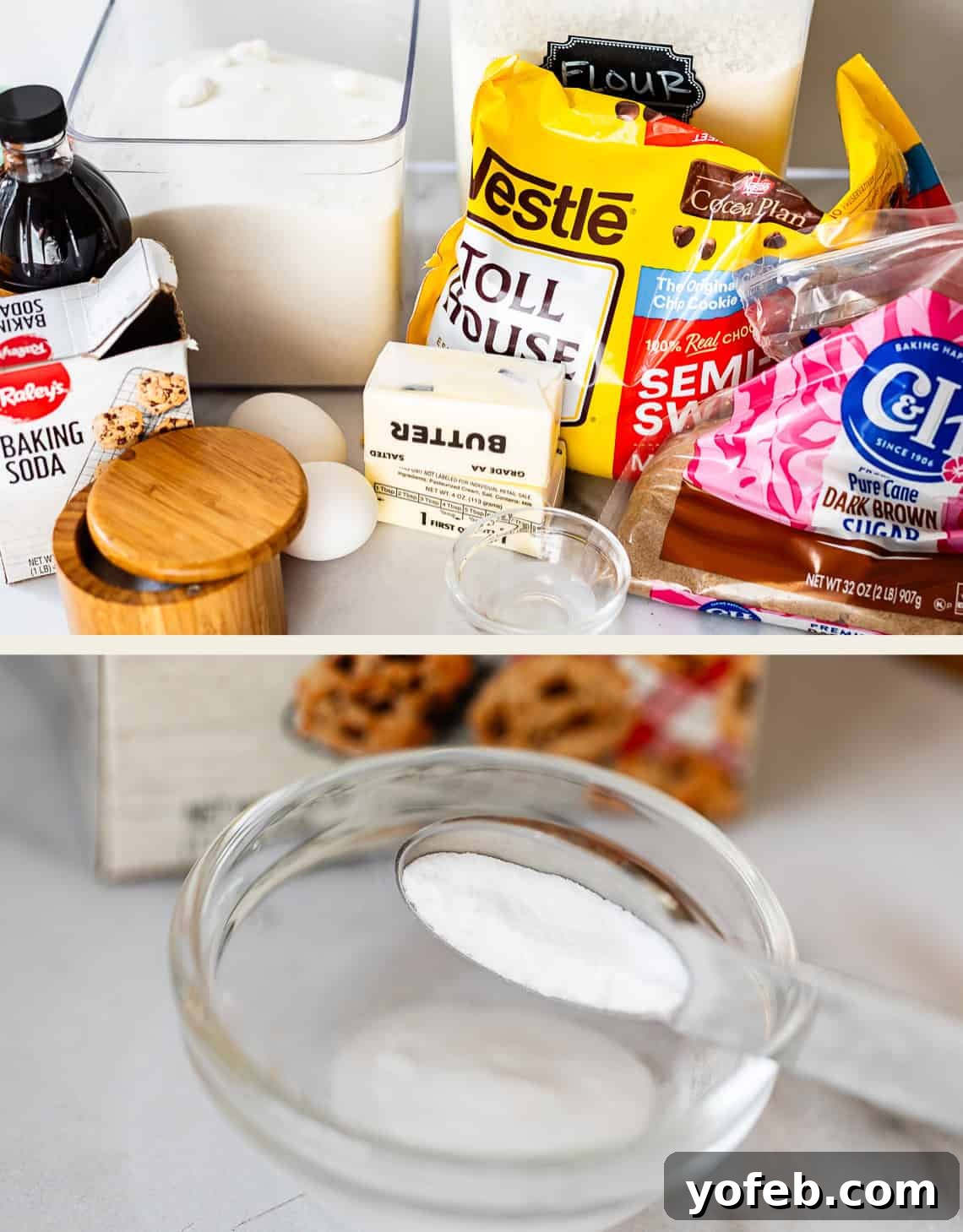 Chewy Chocolate Chip Squares 8 A variety of chocolate chip cookie ingredients on a counter, including flour, sugar, brown sugar, butter, eggs, vanilla extract, baking soda, salt, and a bag of chocolate chips. A spoon of baking soda is shown in a bowl.