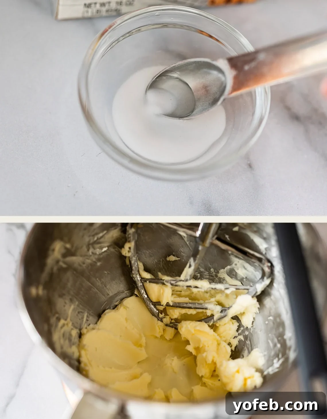 Chewy Chocolate Chip Squares 9 Top: A spoon stirring white liquid in a small glass bowl. Bottom: Creamed butter being mixed with a paddle attachment in a metal mixing bowl.