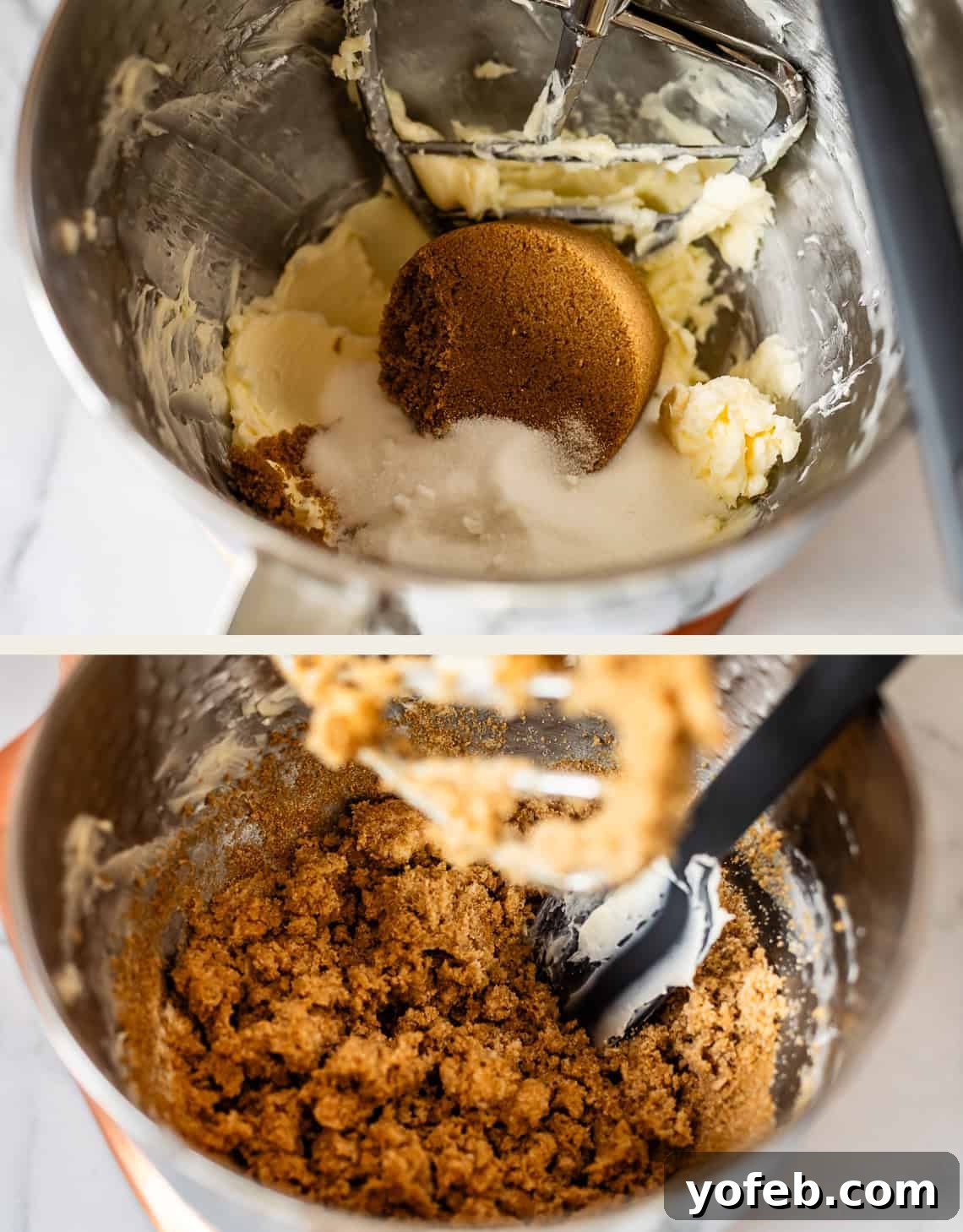 Chewy Chocolate Chip Squares 10 Two images: the top shows a mixer bowl with butter, granulated sugar, and brown sugar; the bottom shows the same bowl with the sugars and butter creamed together into a fluffy mixture, with a spatula and mixer visible.