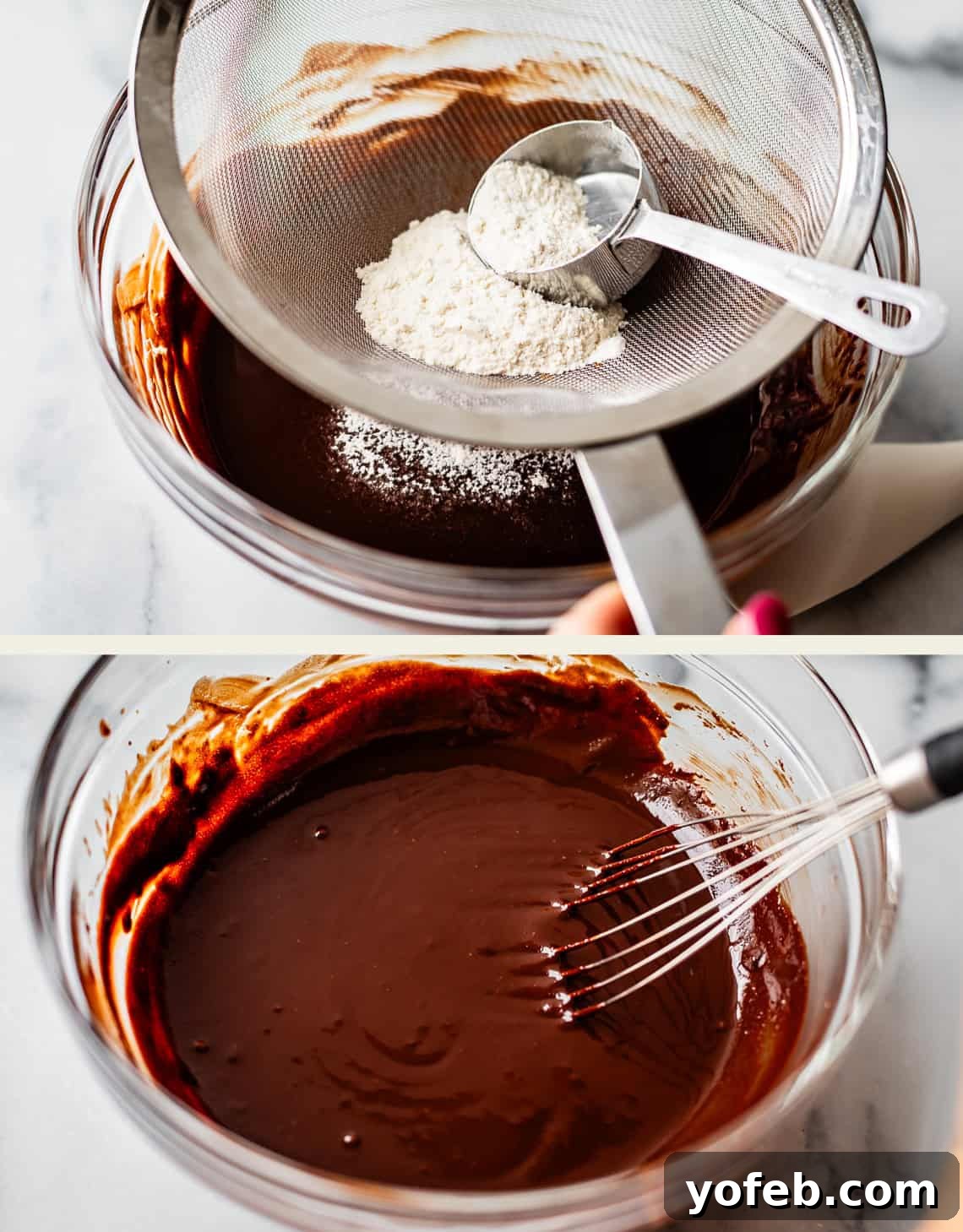 Molten Chocolate Magic 11 Two images: The top shows flour being sifted into a bowl of chocolate mixture; the bottom shows the mixture whisked into a smooth chocolate batter in a glass bowl.