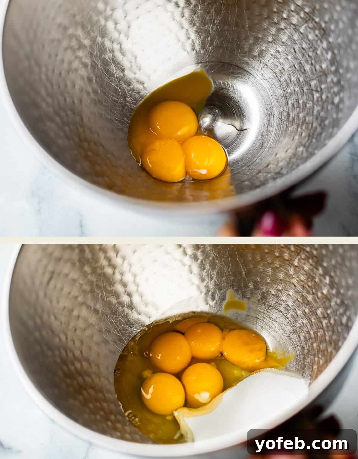 Molten Chocolate Magic 12 Two images show a metal mixing bowl. The top image has four cracked eggs inside; the bottom image shows the same eggs with added sugar being poured in.