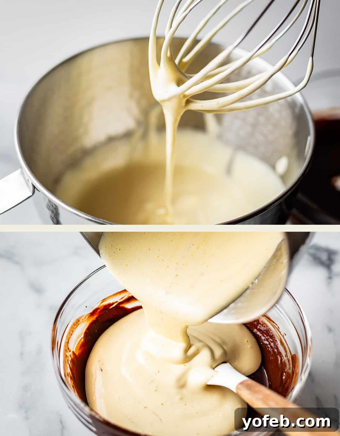 Molten Chocolate Magic 13 A whisk lifts thick, pale batter from a metal bowl, and in the next image, the batter is being poured from the bowl into a glass bowl of chocolate mixture with a spatula on a marble surface.