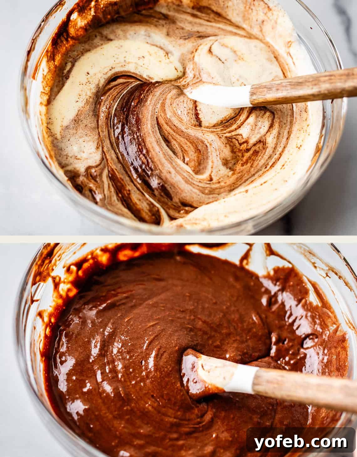 Molten Chocolate Magic 14 Top image: A bowl of light and dark batters being swirled together with a spatula. Bottom image: The two batters fully mixed into a smooth chocolate mixture with a spatula resting inside the bowl.