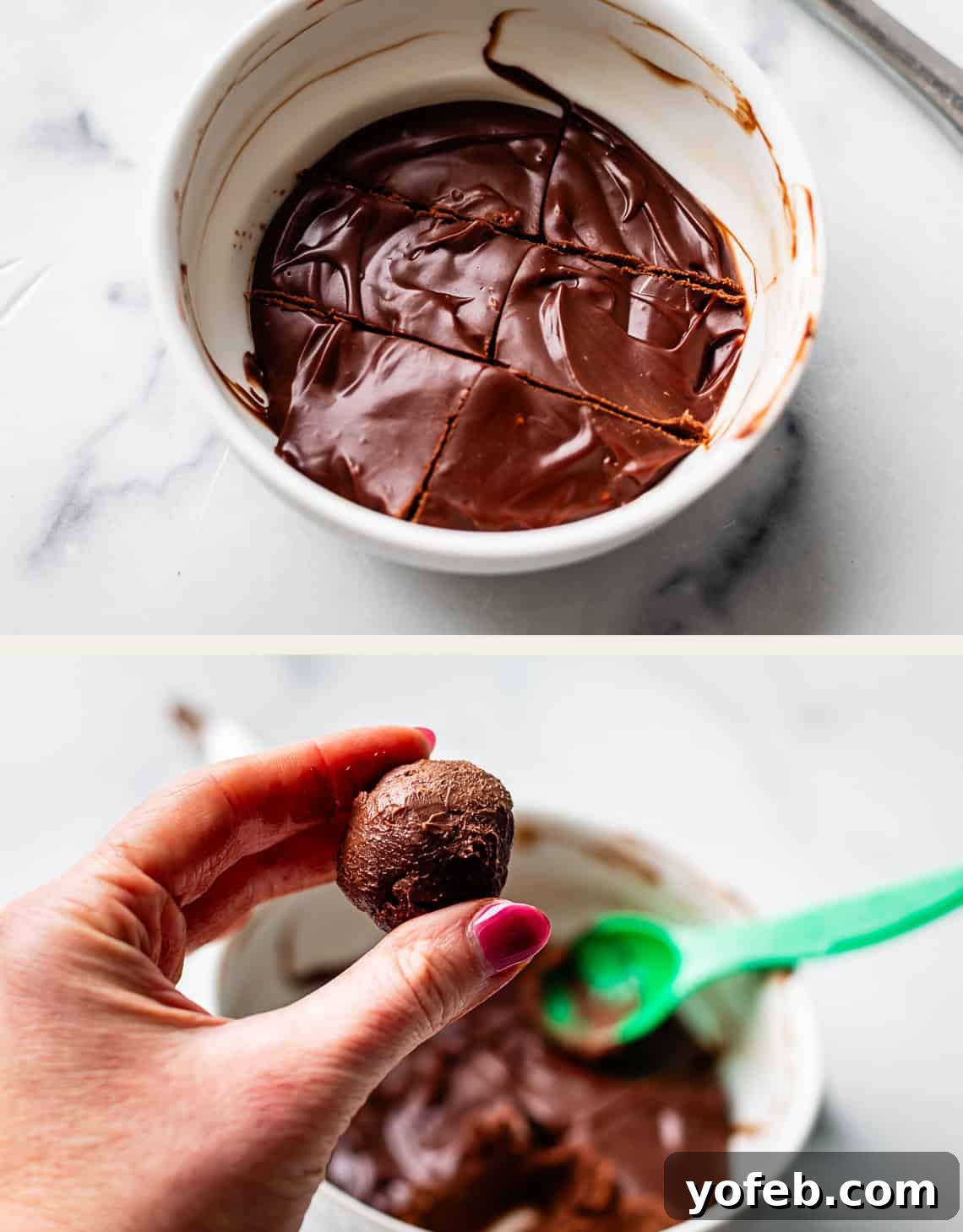 Molten Chocolate Magic 15 Top: A white bowl filled with sliced, smooth chocolate ganache. Bottom: A hand holding a rolled chocolate truffle ball, with a green spoon and remaining chocolate mixture in the background.