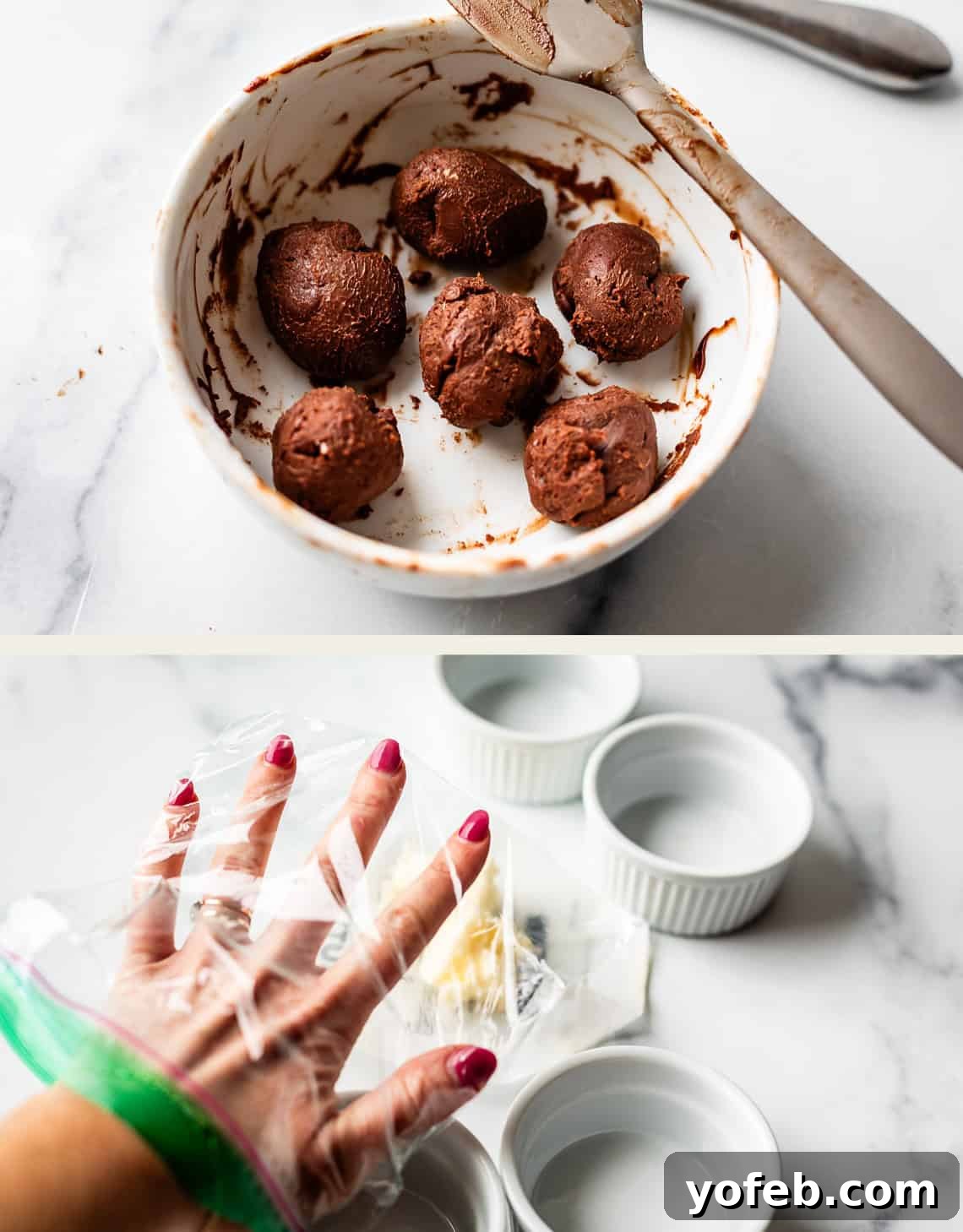 Molten Chocolate Magic 16 Top: A white bowl with five chocolate dough balls and a spoon, smeared with chocolate. Bottom: A hand with red nail polish pressing plastic wrap over a small square of butter, beside three empty white ramekins.