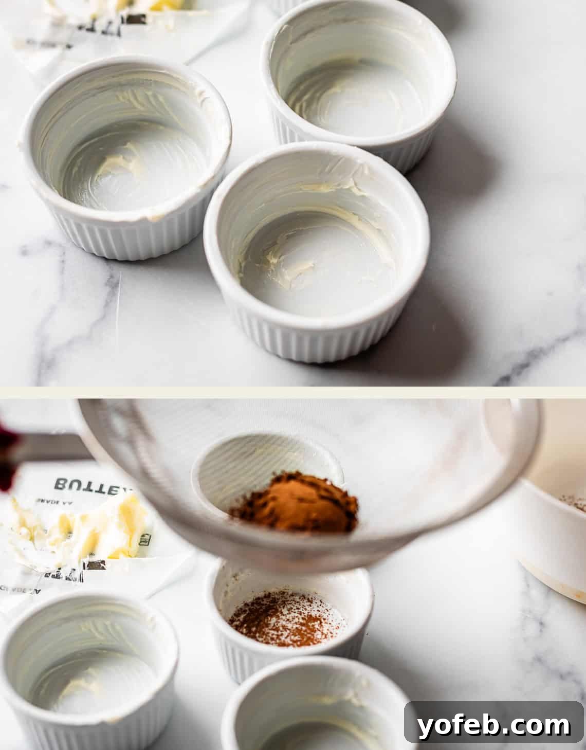Molten Chocolate Magic 17 Three small white ramekins greased with butter on a marble surface; in the second image, spices are being sifted into one ramekin while the others remain empty nearby.