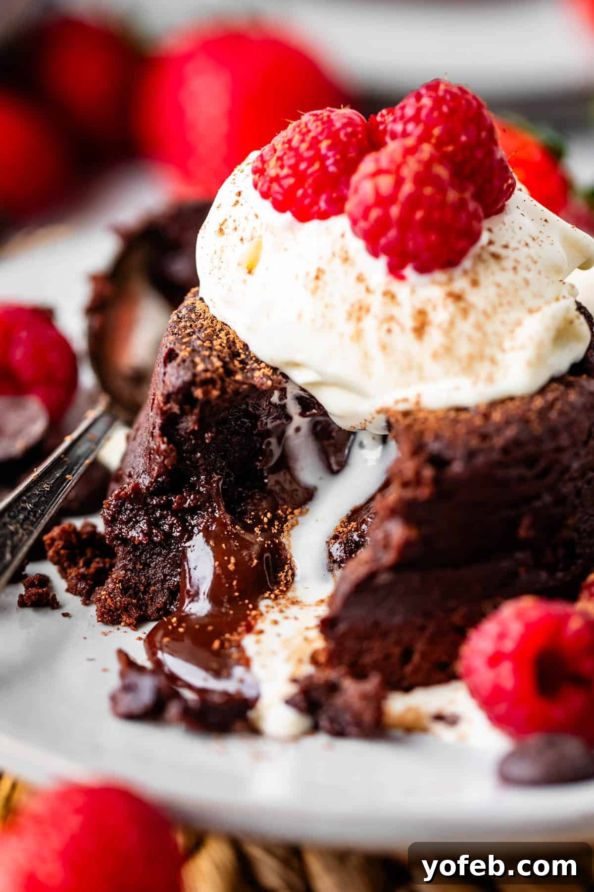 Molten Chocolate Magic 3 A rich chocolate lava cake with molten center, topped with whipped cream and fresh raspberries, sits on a white plate with a fork and scattered raspberries nearby.