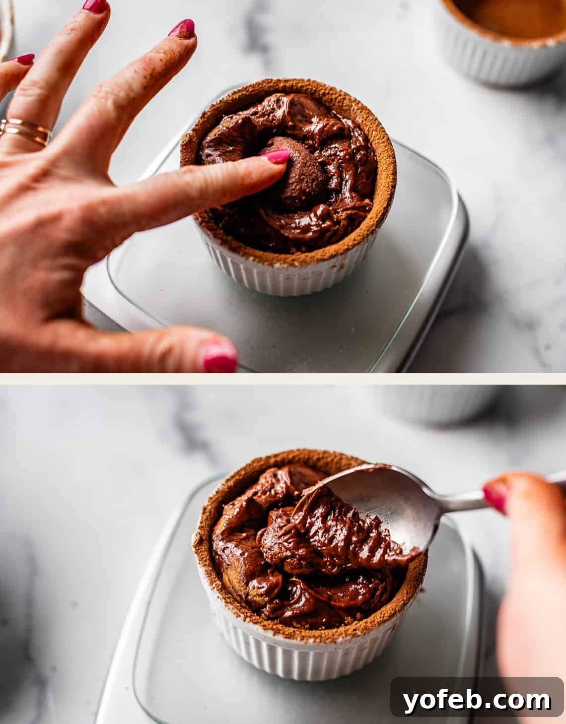 Molten Chocolate Magic 21 Top image: A hand pressing into the center of a chocolate soufflé in a white ramekin. Bottom image: A spoon scooping out some of the rich chocolate soufflé. Both images are on a light-colored surface.