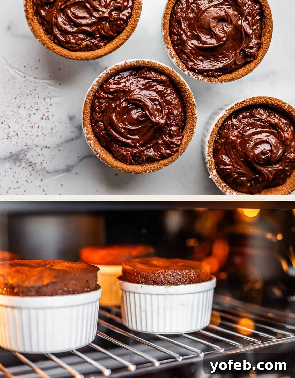 Molten Chocolate Magic 22 Top: Four ramekins filled with chocolate soufflé batter on a white surface. Bottom: The soufflés baking in white ramekins in an oven, rising and forming a fluffy, golden-brown top.