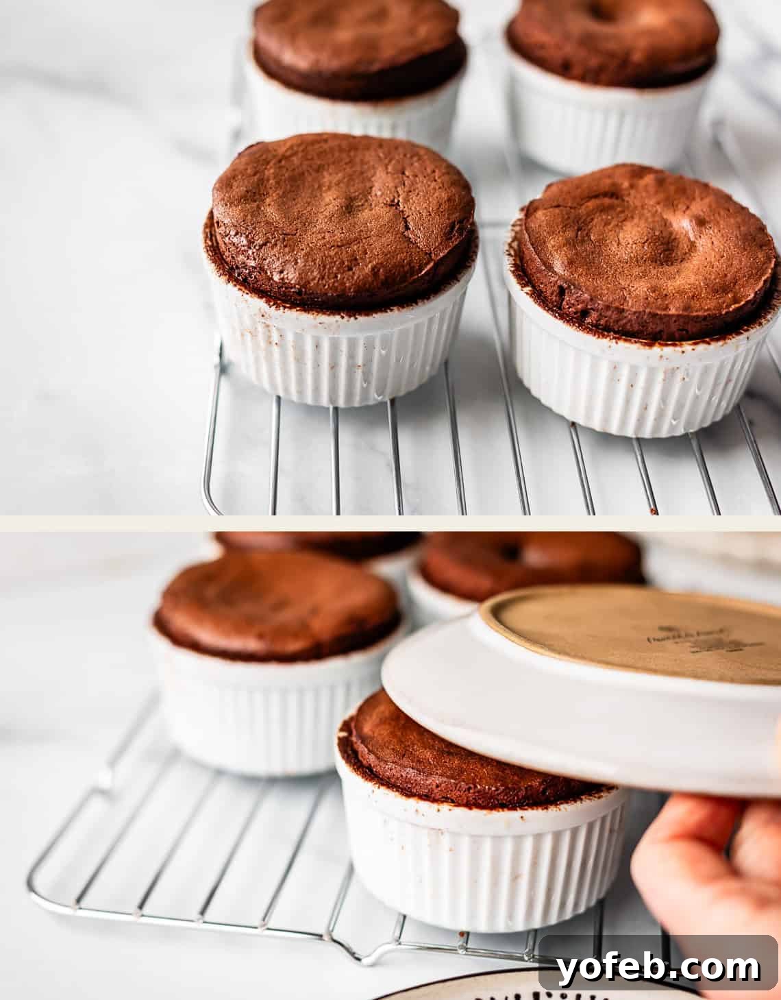 Molten Chocolate Magic 25 Chocolate soufflés in white ramekins are cooling on a wire rack. In the second image, a hand is placing a plate over a ramekin to invert the soufflé.