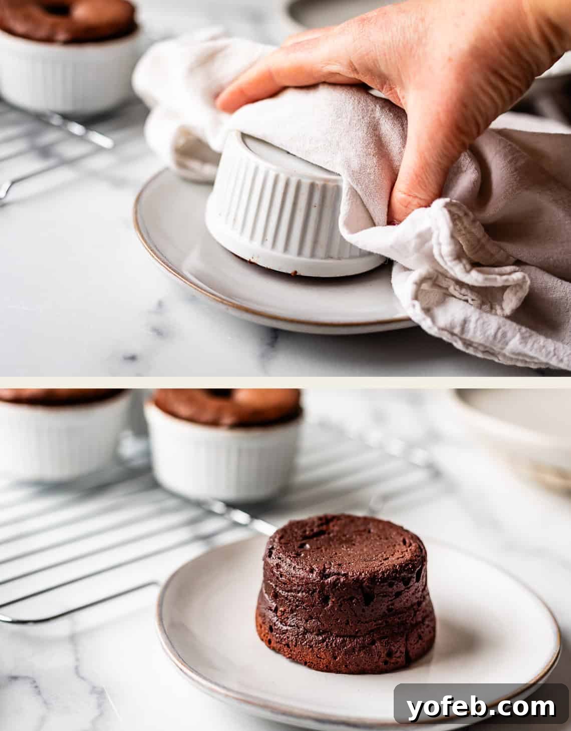 Molten Chocolate Magic 26 A hand using a cloth to invert a white ramekin onto a plate, then removing the ramekin to reveal a chocolate lava cake. Other ramekins with cakes are on a cooling rack in the background.