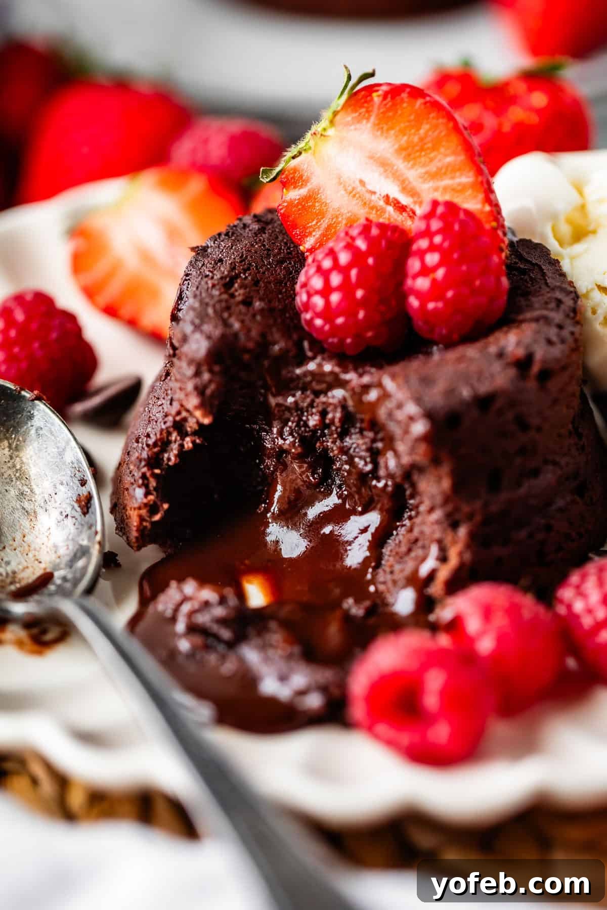 Molten Chocolate Magic 28 A rich chocolate lava cake with a gooey molten center is topped with fresh raspberries and a halved strawberry, served on a white plate with a spoon and more berries on the side.