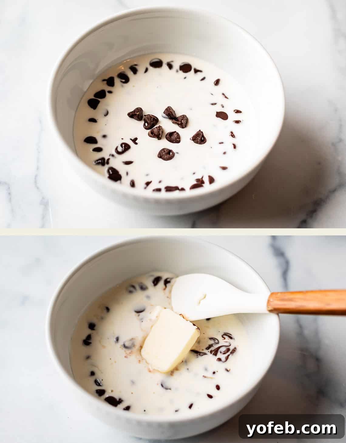 Molten Chocolate Magic 7 Two images: The top shows a white bowl with chocolate chips in cream. The bottom shows the same bowl with a spatula and a pat of butter on top of the melted chocolate and cream mixture.