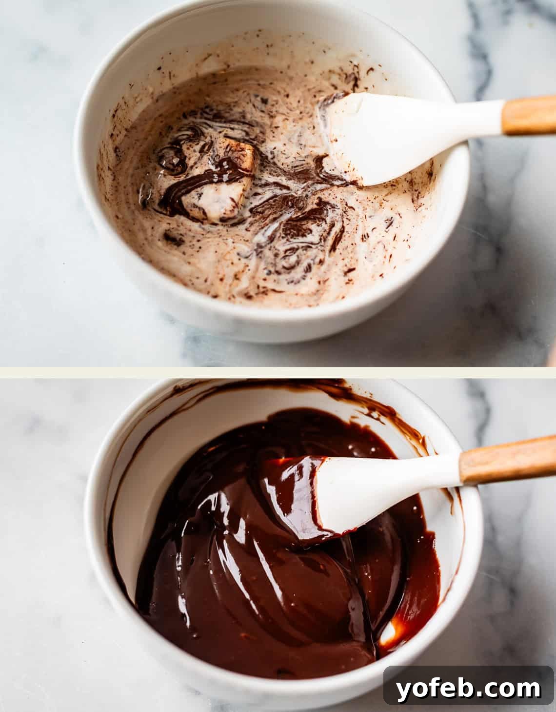 Molten Chocolate Magic 8 Two images: the top shows a white bowl with cream and chocolate partially mixed using a spatula. The bottom shows the same bowl with the mixture now blended into smooth, glossy chocolate ganache.