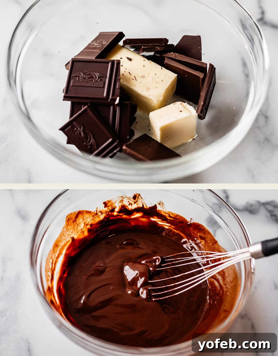Molten Chocolate Magic 9 Two photos: The top shows chunks of dark chocolate and butter in a glass bowl. The bottom shows the mixture melted and smooth, being whisked with a metal whisk. Both bowls are on a marble countertop.