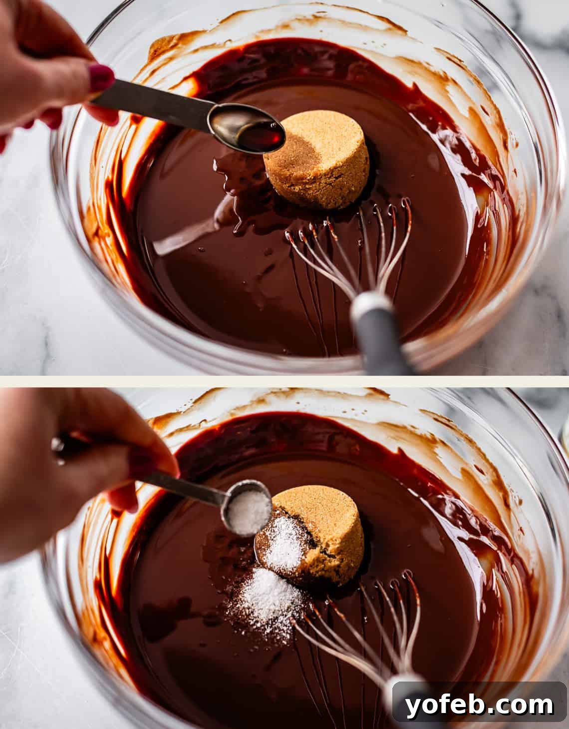 Molten Chocolate Magic 10 Two images show a hand adding ingredients to a bowl of melted chocolate with a whisk. The top image shows vanilla extract being added; the bottom image shows salt being sprinkled onto the mixture with brown sugar.